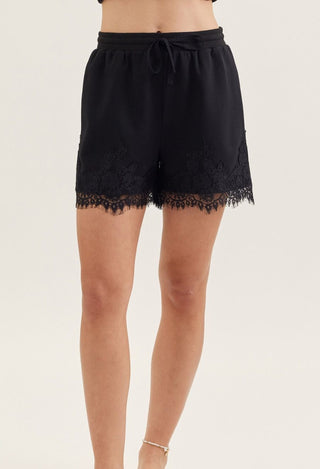Black Lace-Hem Drawstring Shorts