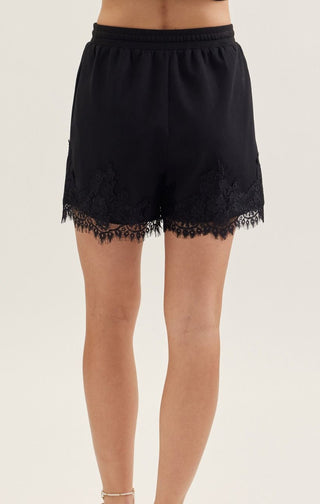 Black Lace-Hem Drawstring Shorts