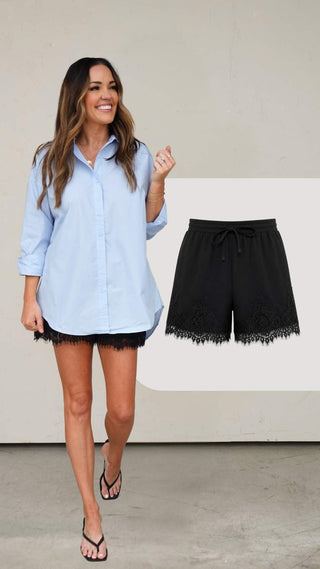 Black Lace-Hem Drawstring Shorts