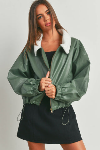 Green Faux Leather Bomber Jacket with Fleece Collar