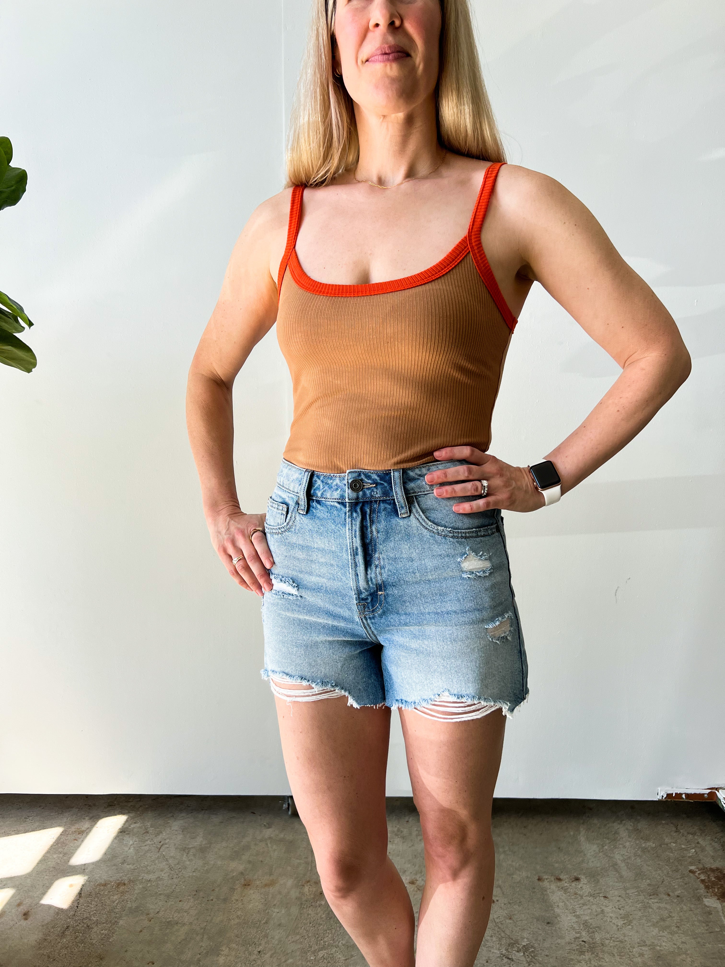 The Taupe Ribbed Bodysuit with Orange Straps