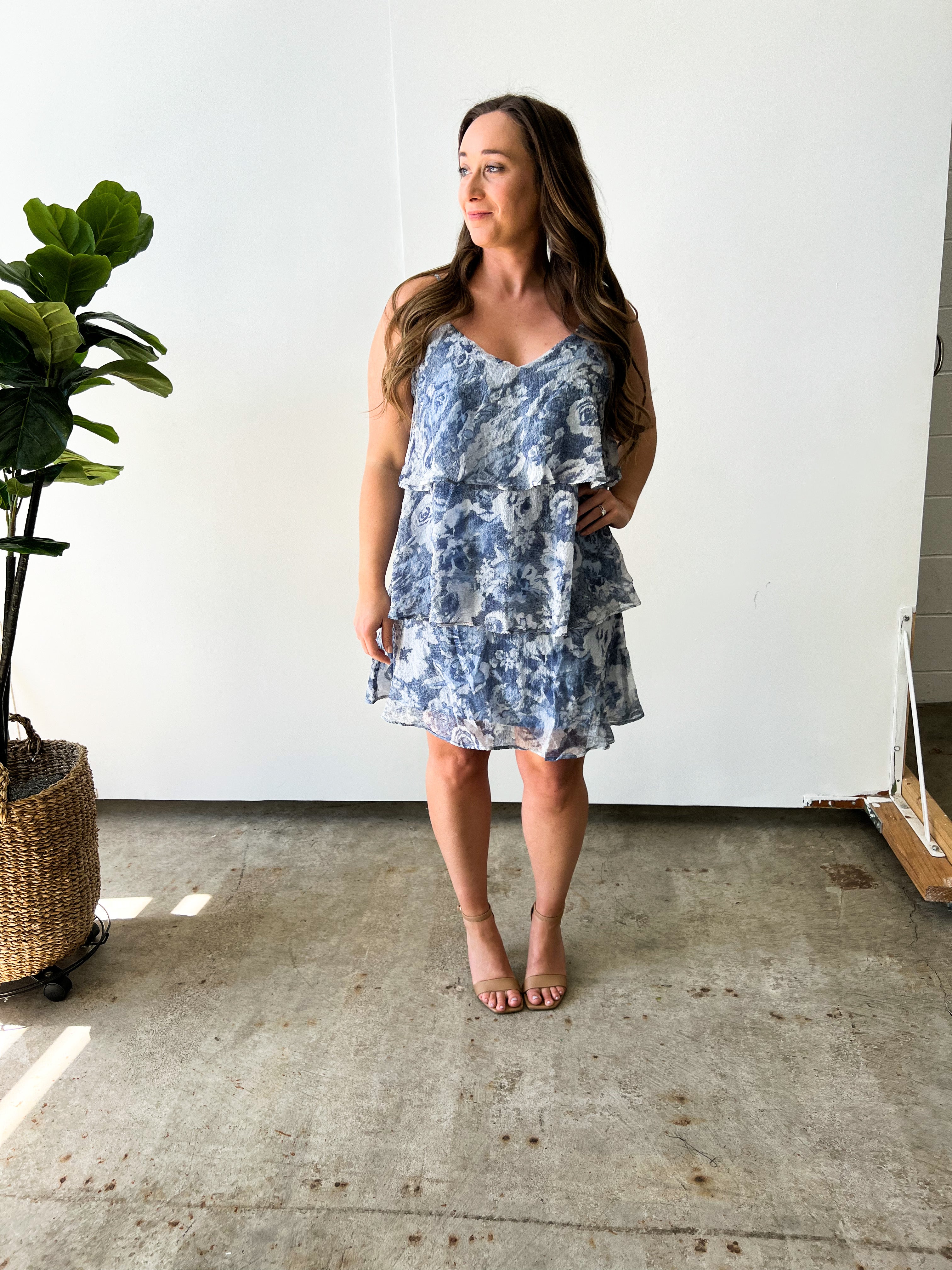 Blue Floral Tiered Dress