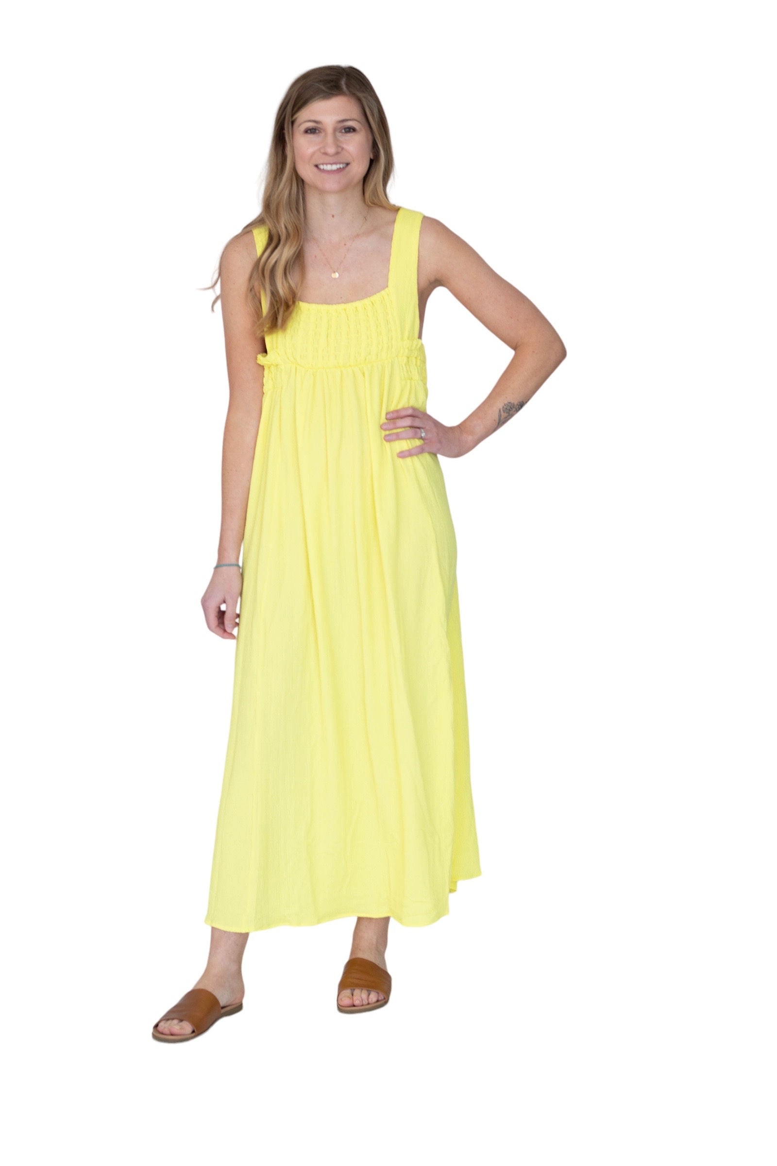 Yellow Smocked Detail Midi Dress