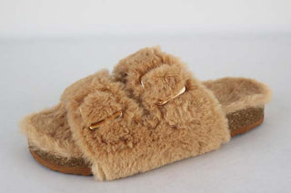 Tan Faux Fur Slide Slipper with Gold Buckle